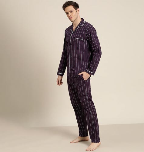 Men Purple Pure Cotton Striped Pyjama Set